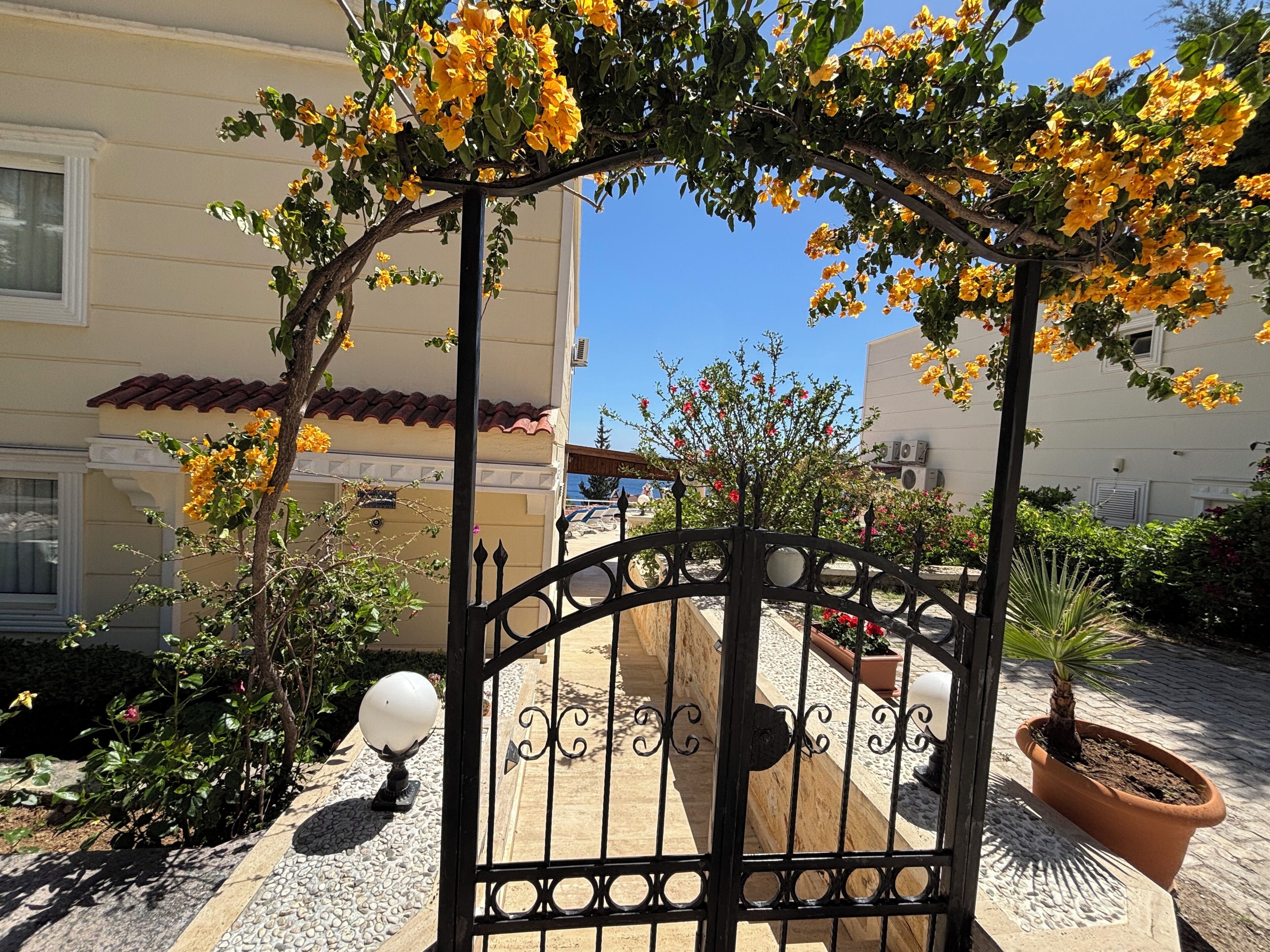 Une entrée fermée par un portail en fer forgé, agrémentée d’un pot de fleurs et d’un chemin de pierre menant à un bâtiment surmonté d’un toit en tuiles.