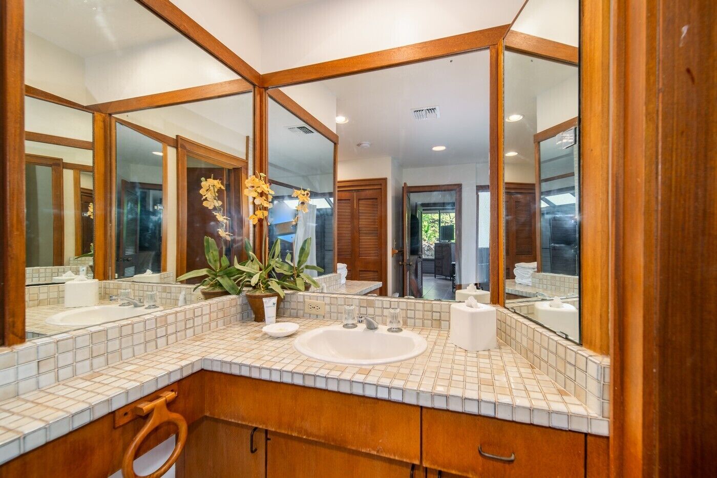 A bathroom with a large mirror, two sinks, a bathtub, and a potted plant.