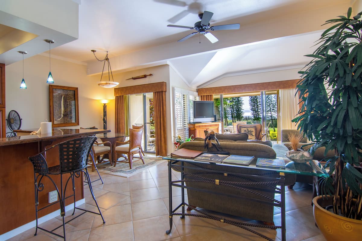 A spacious living area with a bar, seating, and a television.