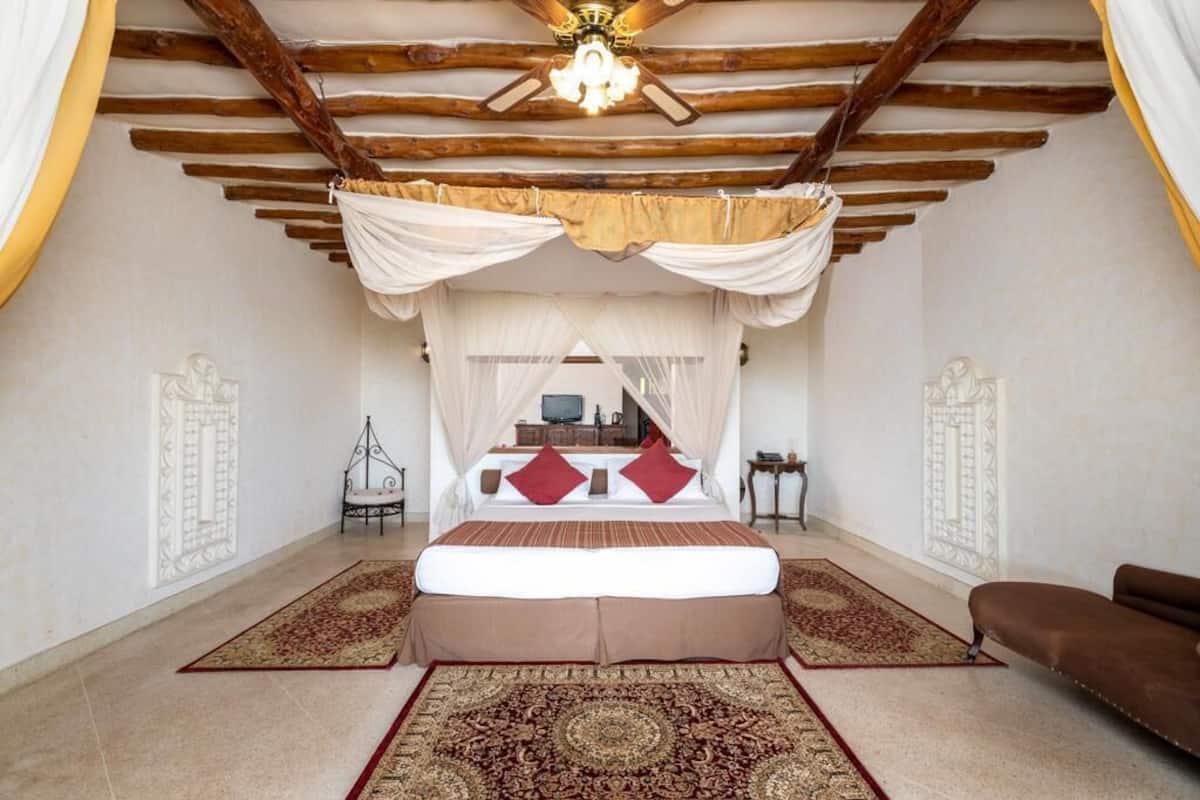 A bedroom with a canopy bed, a ceiling fan, and a large rug.