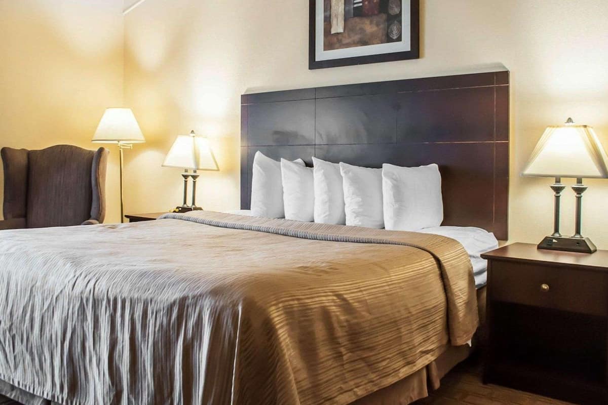 A hotel room with a large bed, two bedside tables with lamps, a headboard, and a framed picture on the wall.