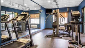 Un gimnasio con cintas de correr, máquinas de pesas y espejos.