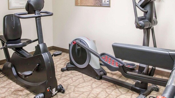A fitness center with cardio machines, a rowing machine, and a bench.