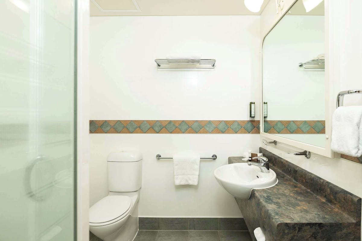 Un baño con inodoro, lavamanos y ducha.