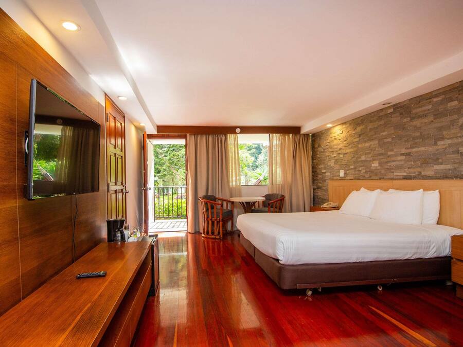 A hotel room with a bed, a TV, a desk, and a balcony.