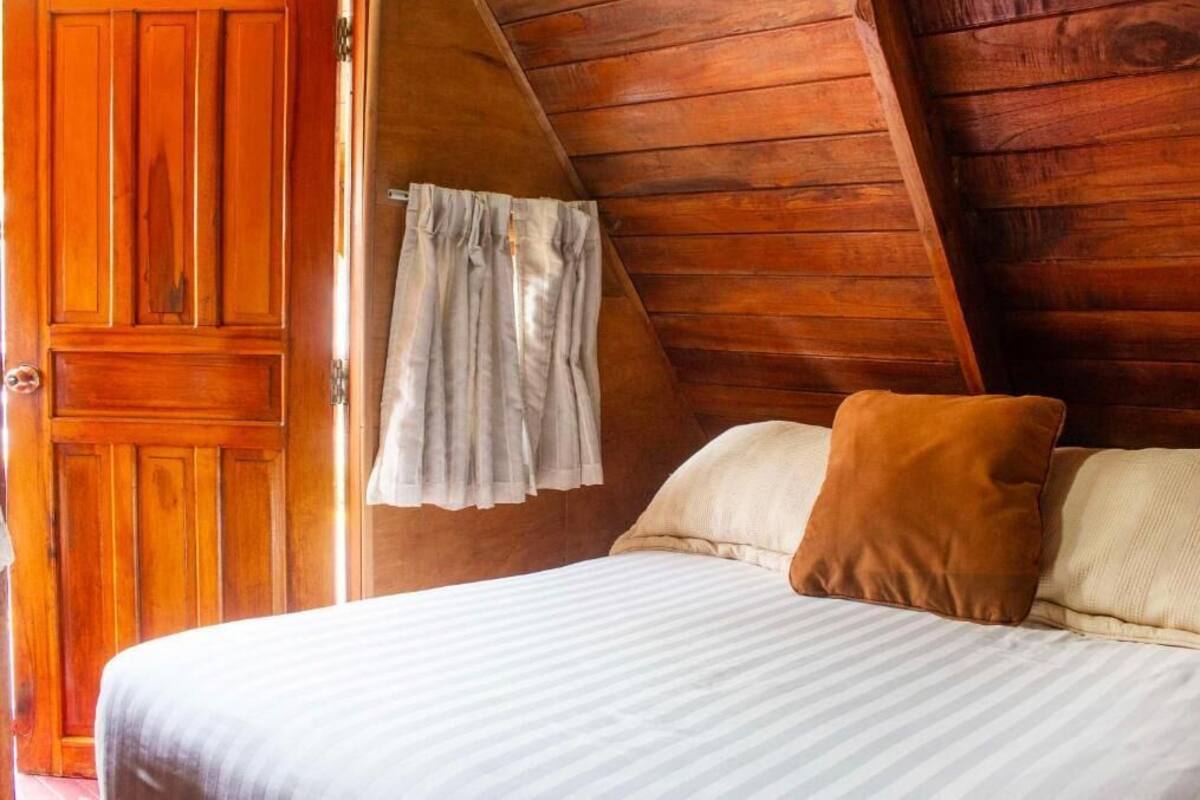 A wooden room with a bed, a door, and a window with curtains.