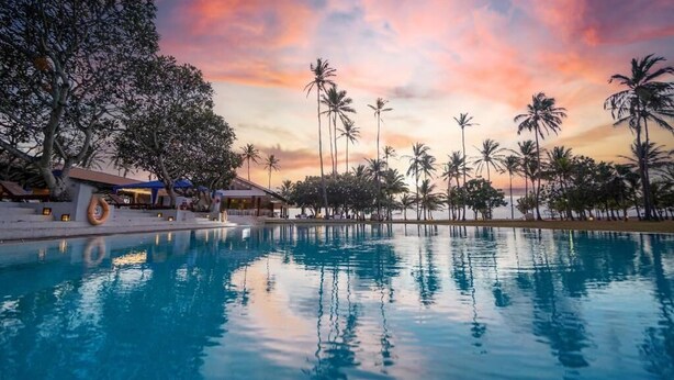A pool with palm trees and a building in the background.