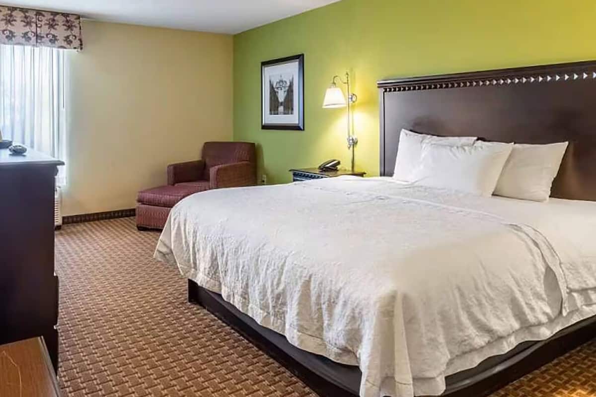 A hotel room with a large bed, a chair, a desk, and a lamp.
