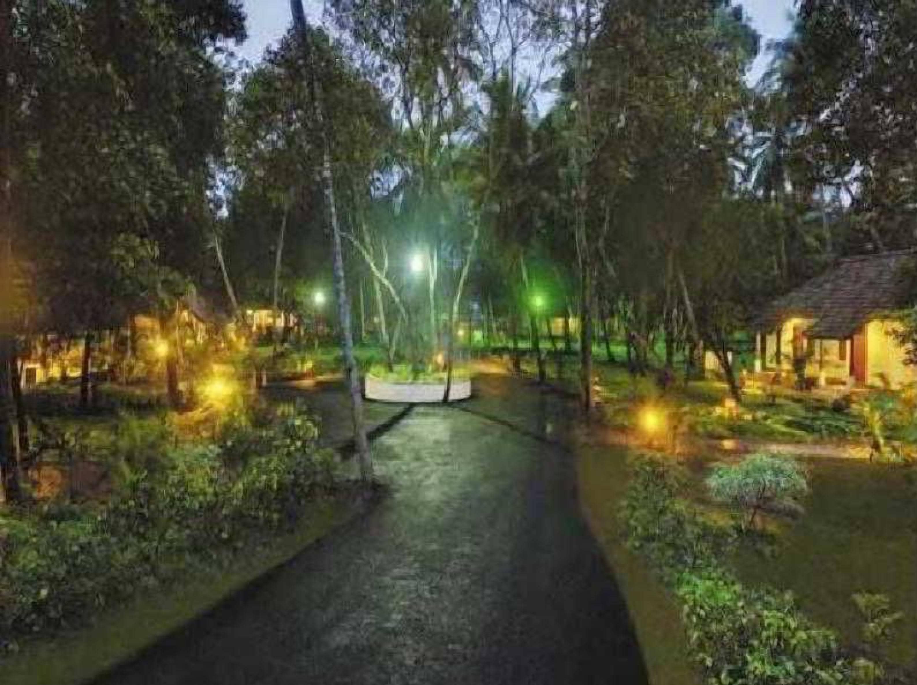 A pathway leading through a forested area with trees and a small building on the right.
