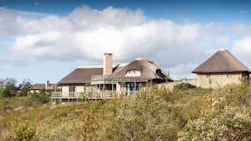 A thatched-roof house with a stone chimney, surrounded by natural vegetation.