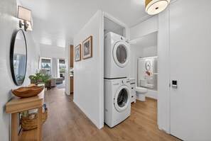Hair dryer, towels, soap, toilet paper