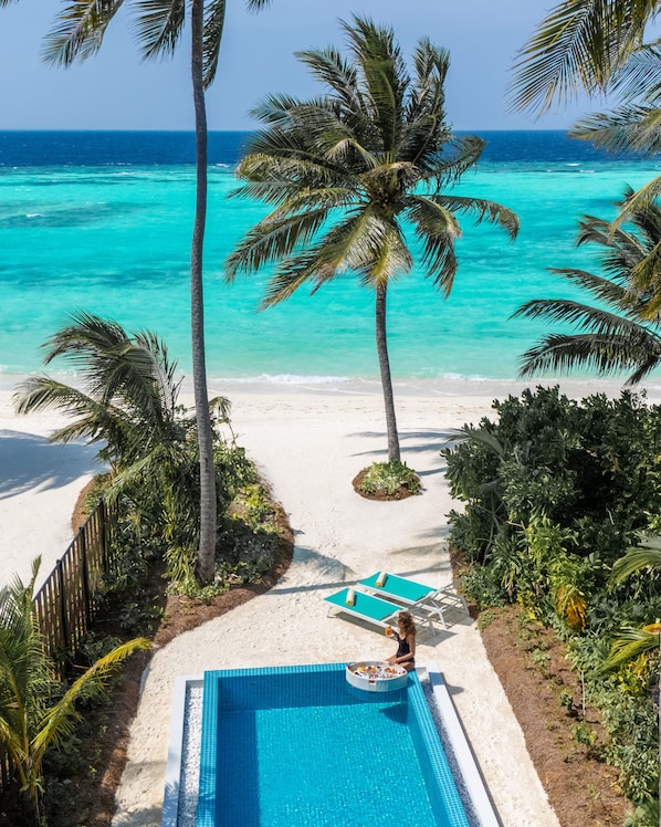 Piscina con vistas a la playa y al océano, rodeada de palmeras.