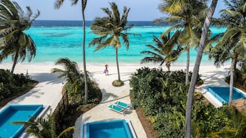 Un resort en la playa con piscina, palmeras y vista al océano.