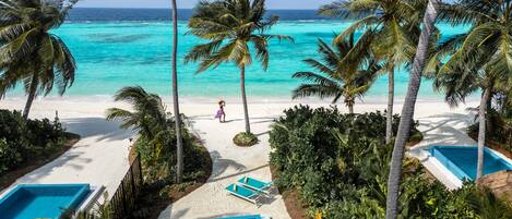 Un resort en la playa con piscina, palmeras y vista al océano.