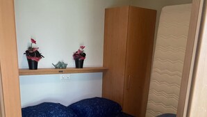 Een compact bed met een blauw beddegoed met patroon en kussens, een houten garderobe en een plank met potplanten.