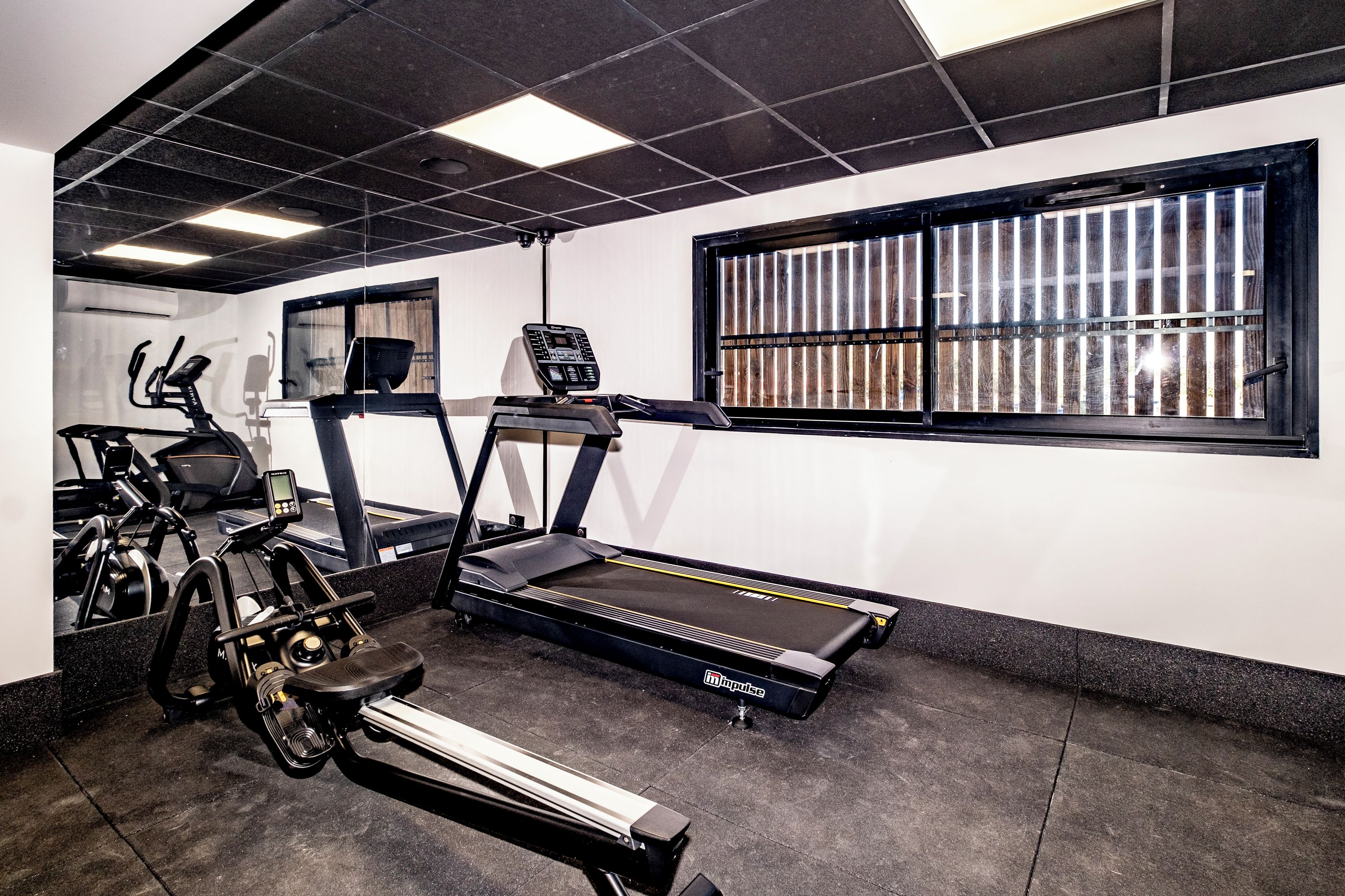Une salle de sport équipée de tapis de course, de vélos d’appartement et d’un appareil d’aviron.
