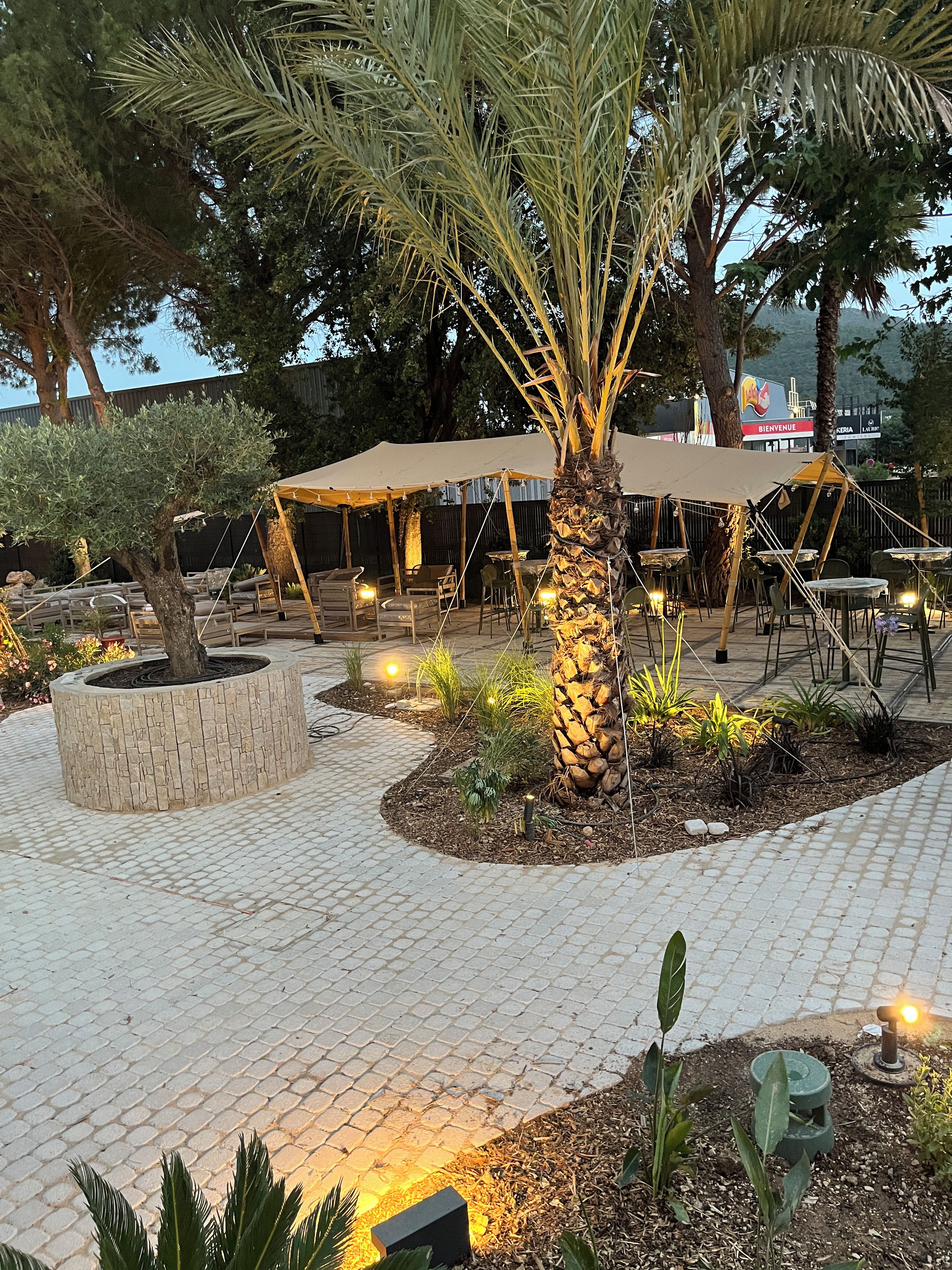 Un espace extérieur aménagé avec des tables et des chaises, un palmier et un bac à fleurs en pierre.