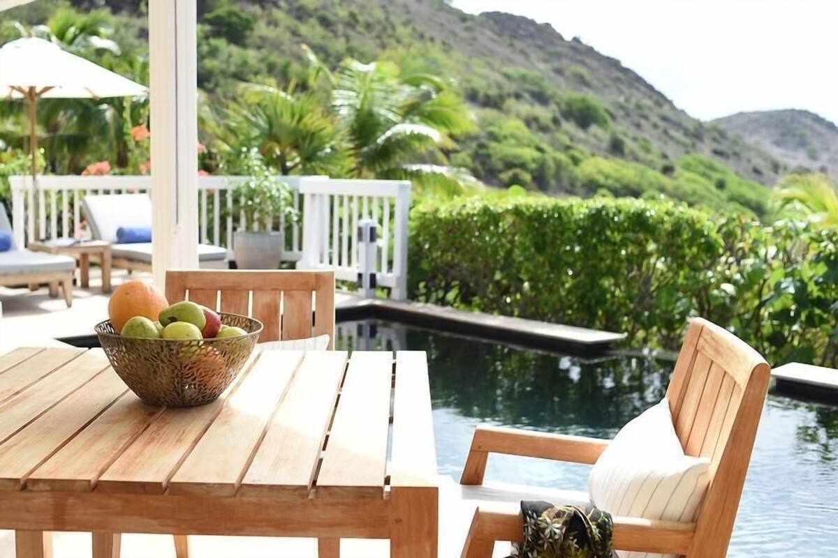 A wooden table with a fruit bowl, a poolside chair, and a view of a lush green landscape.