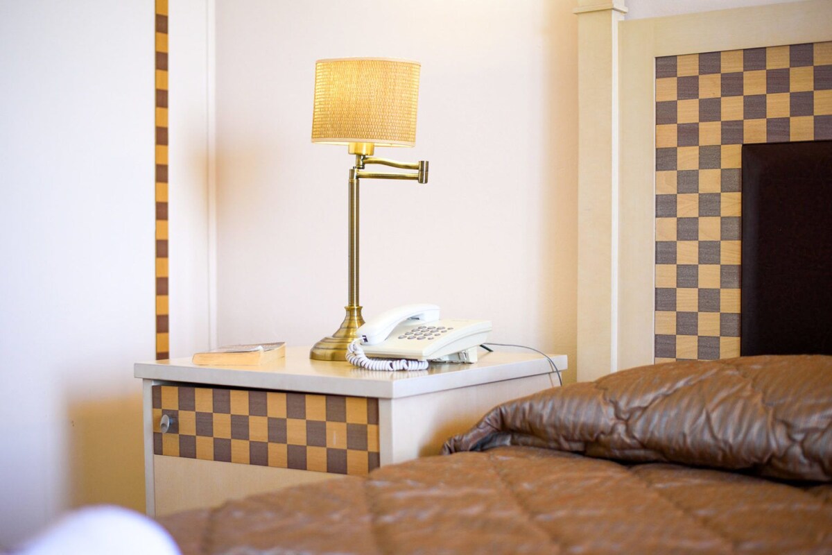 A hotel room with a checkered headboard, a bedside lamp, a telephone, and a bed with a brown quilt.