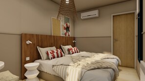 A bedroom with a wooden headboard, a bed with striped bedding, a bedside table, and a wall-mounted air conditioner. - La Grande Motte "Le Ponant" (La Grande-Motte)