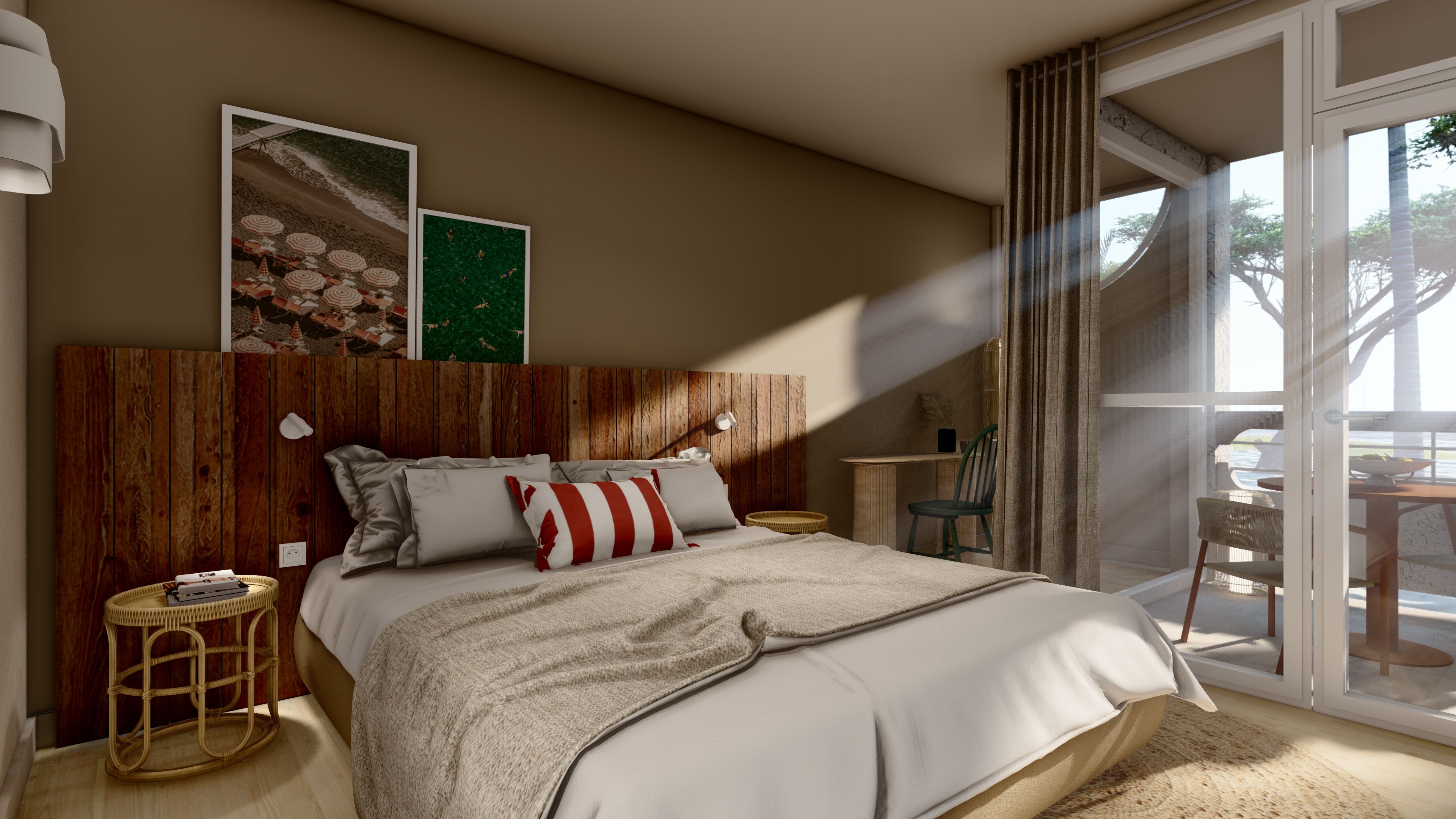 A bedroom with a wooden headboard, a large bed with white bedding, a small round side table, a chair, and a view of the outdoors through a glass door.