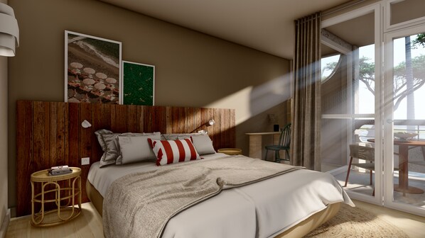 A bedroom with a wooden headboard, a large bed with white bedding, a small round side table, a chair, and a view of the outdoors through a glass door.