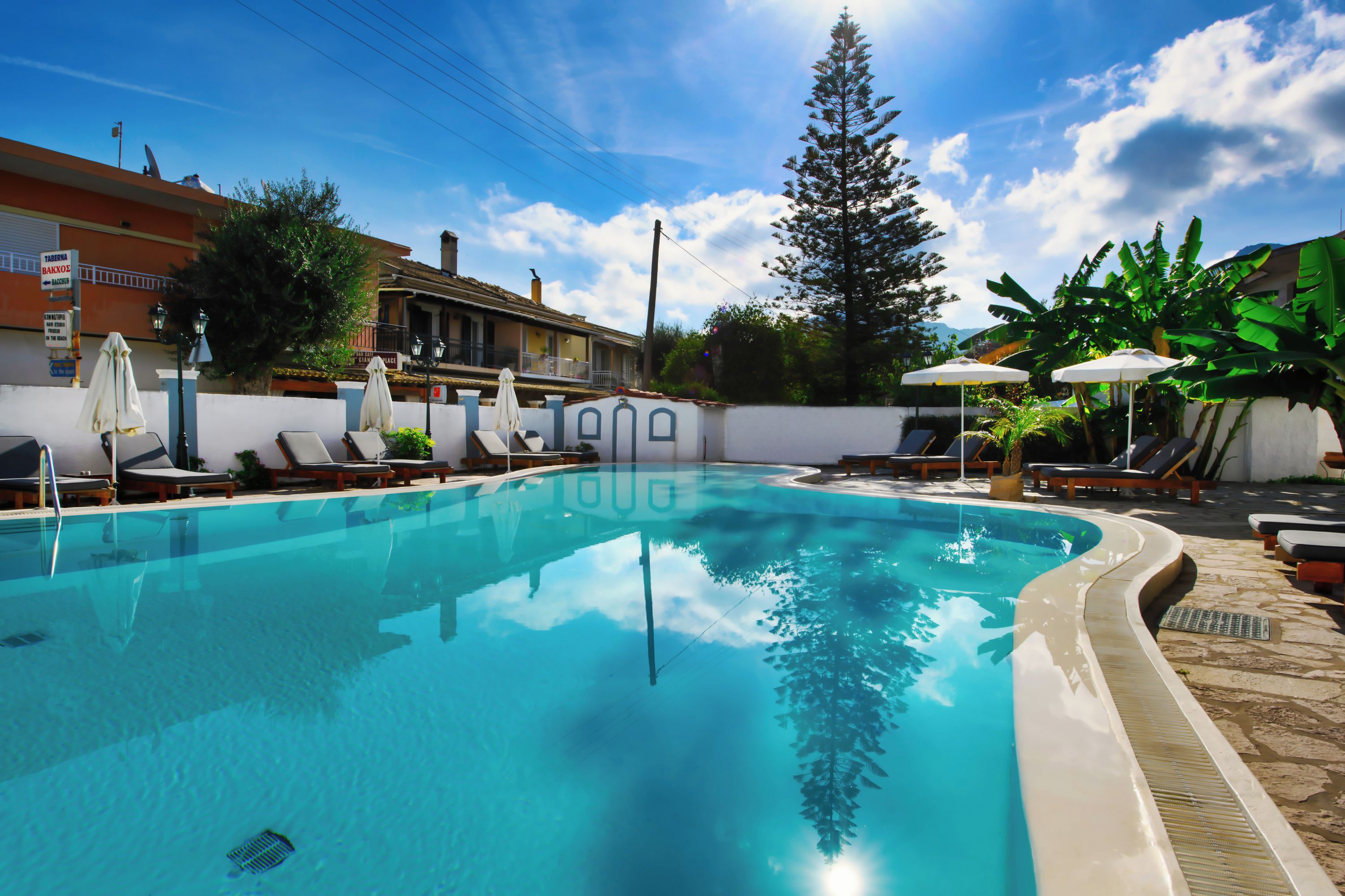 Piscina con sillones de descanso y sombrillas, rodeada por un muro blanco y vegetación.