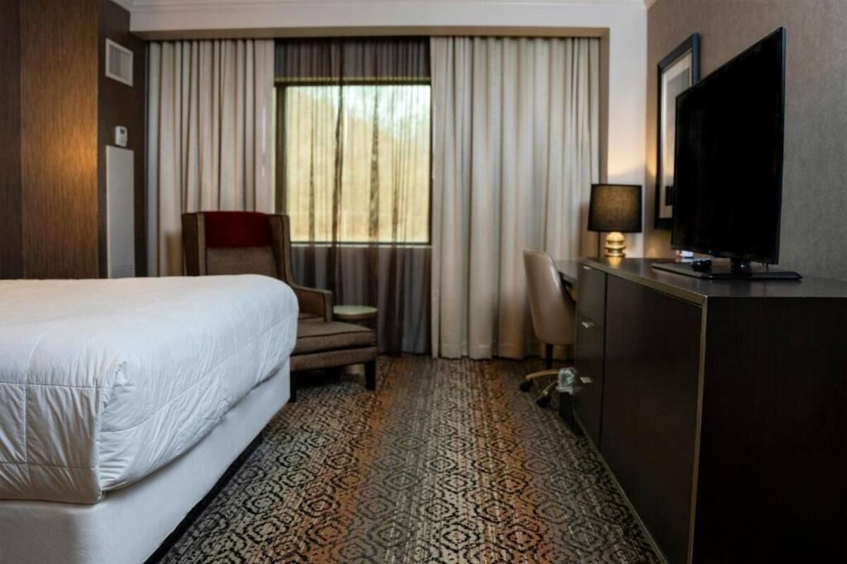 A hotel room with a bed, a desk, a chair, a television, and a patterned carpet.
