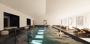 A modern indoor swimming pool with a long, narrow design, sunlit by large windows on one side, and furnished with lounge chairs and benches. - Belambra Clubs - Le Grand Hôtel De La Me (Crozon)