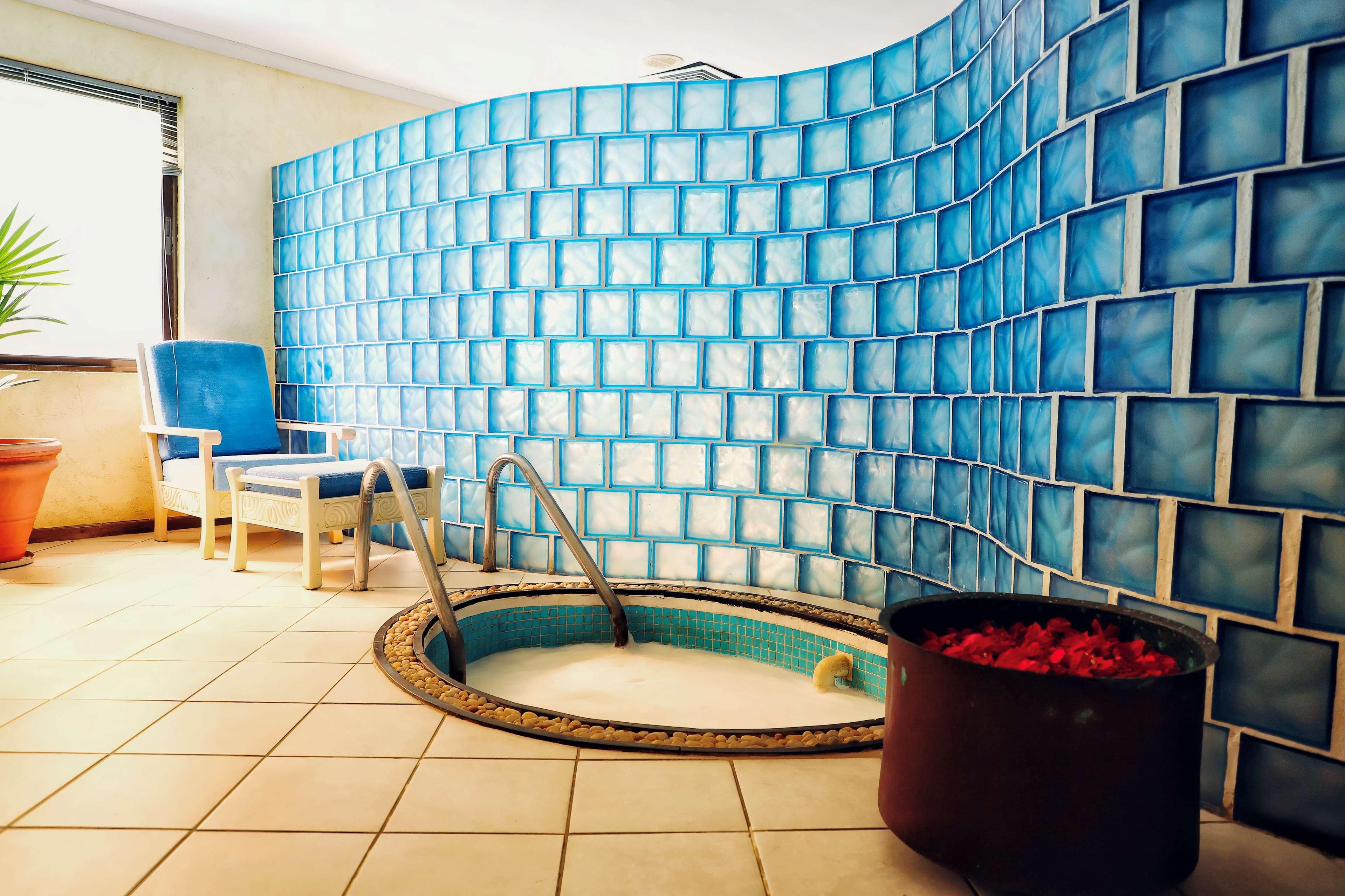 A small indoor pool with a tiled wall, a chair, and a potted plant.