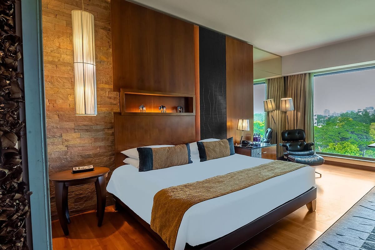 Habitación de hotel moderna con una cama grande, un escritorio, una silla y vistas a zonas verdes.