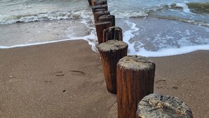 Ein Strand mit einer Reihe aus Holzpfählen, die zum Meer führen.