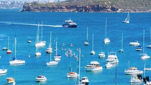 A marina with numerous boats and yachts, a clear blue sky, and a rocky coastline in the background. - KozyGuru | Manly | Prime Manly Coastal Hub (Manly)