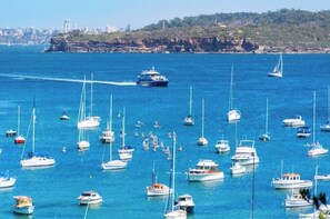 Ein Yachthafen mit zahlreichen Booten und Yachten, einem strahlend blauen Himmel und einer felsigen Küste im Hintergrund.