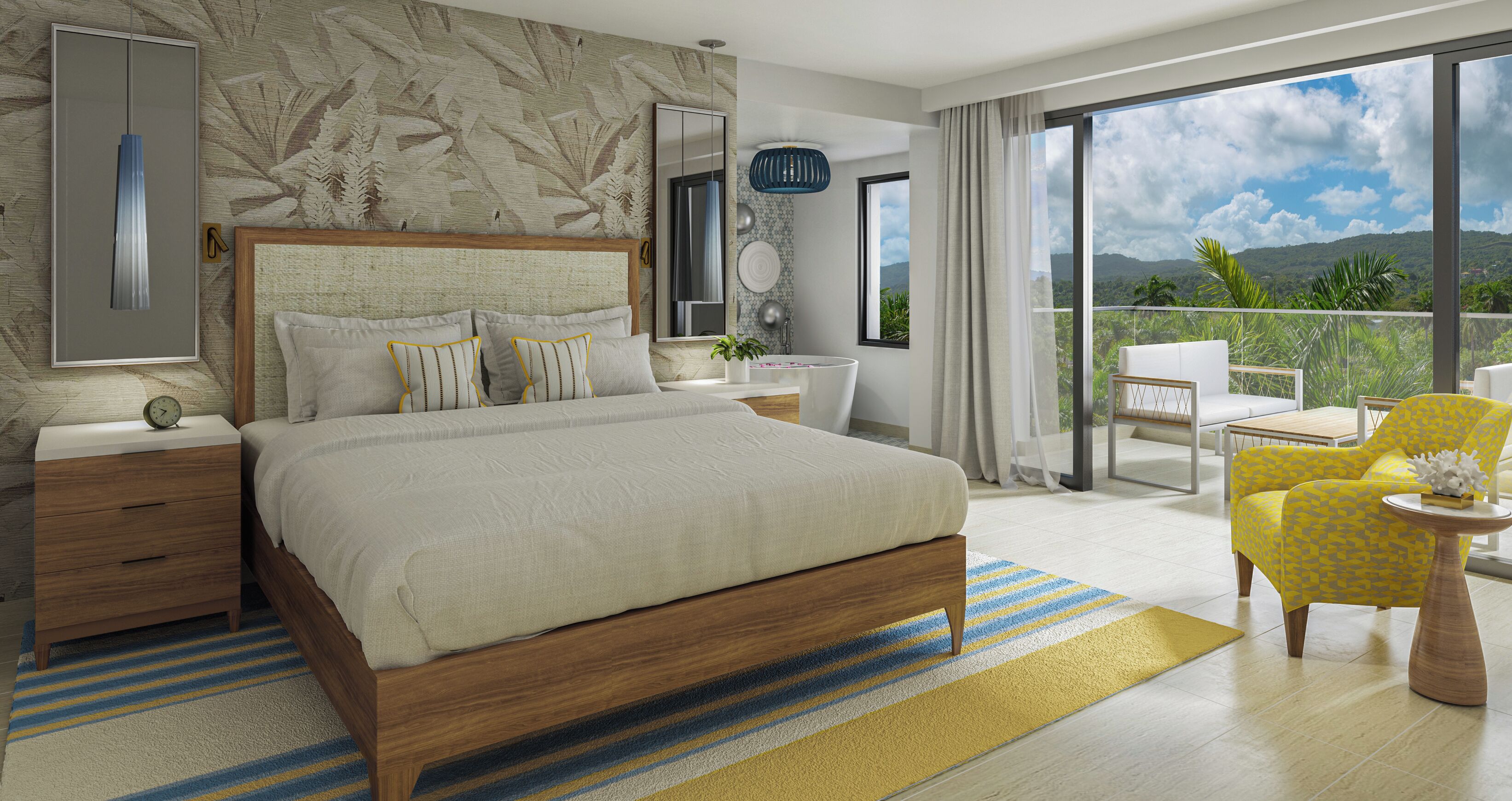 A bedroom with a large bed, a nightstand, a bedside table, a mirror, and a view of the outdoors.