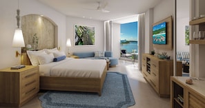 A modern hotel room with a bed, a TV, a balcony with a view of the sea, and a desk with a lamp. - Sandals Dunn's River Falls (Ocho Rios)