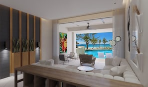 A modern living room with a pool view, featuring a wooden table, white sofas, and a ceiling fan. - Sandals Dunn's River Falls (Ocho Rios)