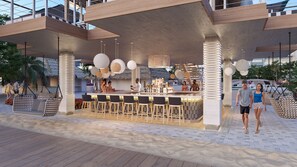 A modern bar area with a concrete ceiling, hanging spherical light fixtures, and a bar counter with stools. - Sandals Dunn's River Falls (Ocho Rios)