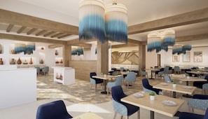 A modern restaurant interior with high ceilings, exposed beams, and a central bar area.