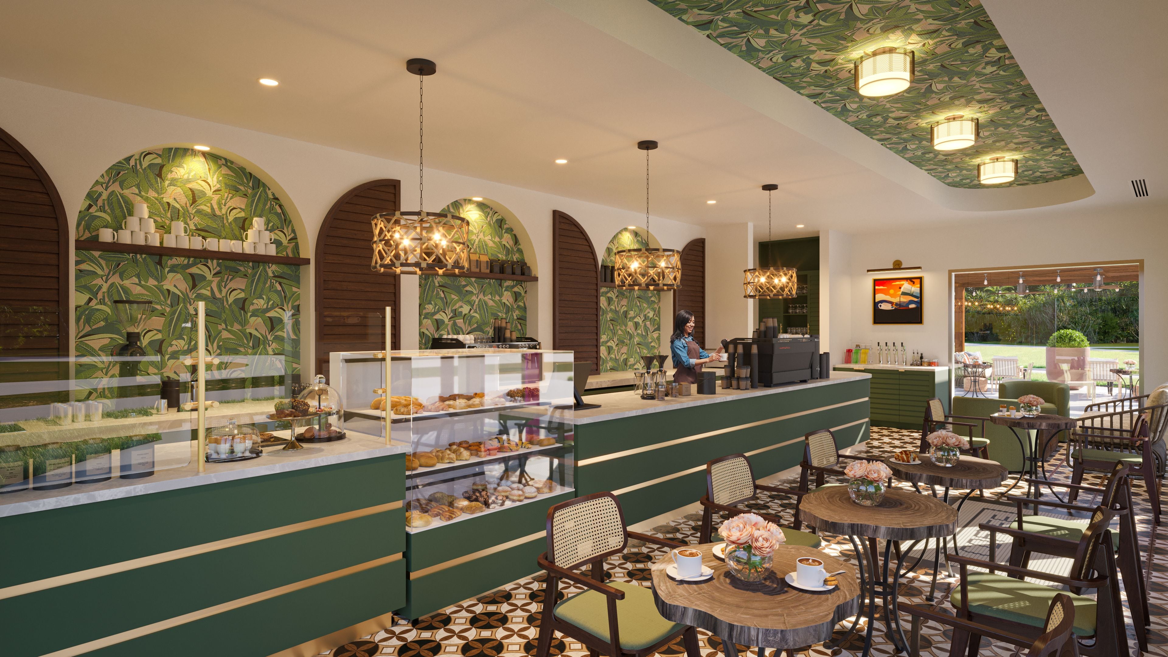 A café with a counter displaying pastries, seating area with round tables and chairs, and a view of greenery outside.