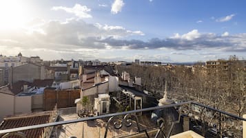 A rooftop terrace with a metal railing, a small garden area, and a view of the cityscape.