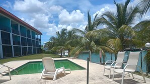 A pool area with lounge chairs, a building with large windows, and palm trees.