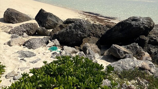 A beach with clear water, a sandy shore, and large rocks in the foreground.