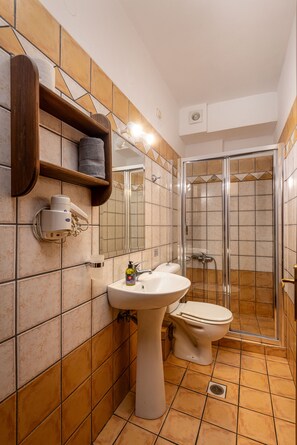 Baño con lavamanos, inodoro y zona de ducha.