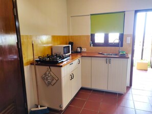 Een kleine keuken met een gasfornuis, magnetron en een klein spoelbakje.
