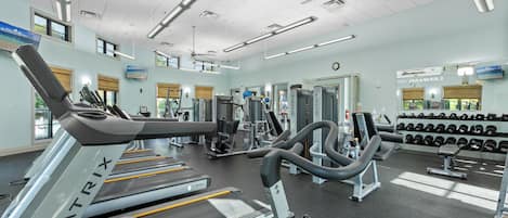 A gym with treadmills, weight machines, and a wall of dumbbells.