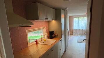 Fridge, oven, dishwasher, cookware/dishes/utensils