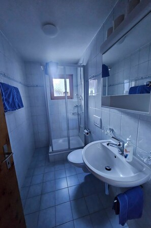 A bathroom with a shower, toilet, and sink. - Haus Rupicapra, (Samnaun-Compatsch) by Interhome (Samnaun)