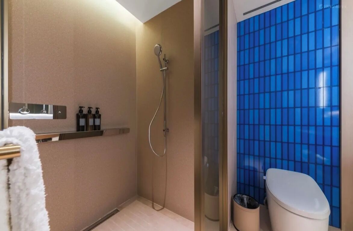 Baño con ducha, inodoro y repisa con artículos de aseo.