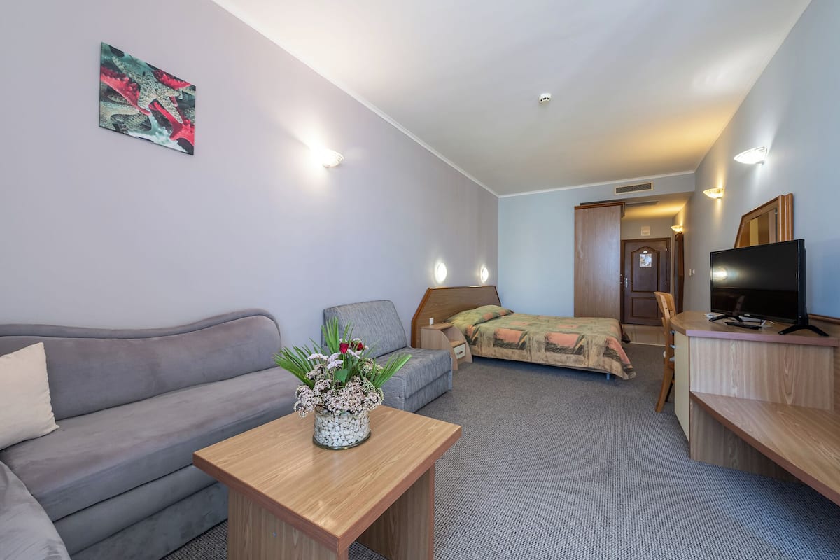 Ein Hotelzimmer mit einer Couch, einem Bett, einem Schreibtisch, einem Fernseher und einem Bild an der Wand.